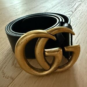 Used size 90 Gucci Black Leather Belt with Gold GG Emblem -see scratches